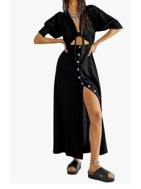 Free People Black Midi Dress Smocked Bodice Tie Front Button-Down Skirt Size S